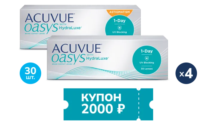 Купон 2000 р. ACUVUE® OASYS 1-DAY with HydraLuxe®*** или ACUVUE® OASYS with HydraLuxe® for ASTIGMATISM****