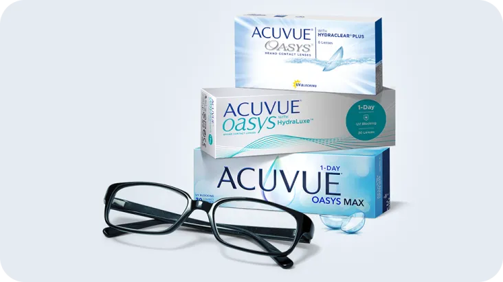 Очки и упаковки контактных линз семейств ACUVUE® OASYS и ACUVUE® OASYS MAX 1-Day